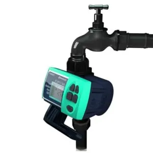 Galcon 1100BT bluetooth tap timer attached to an outdoor tap