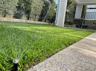 Multiple pop-up sprinklers misting a small suburban backyard lawn beside a paved path.