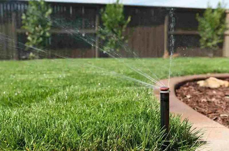Pop-up sprinkler running on a lawn beside a brick-edged mulched garden bed and timber fence.